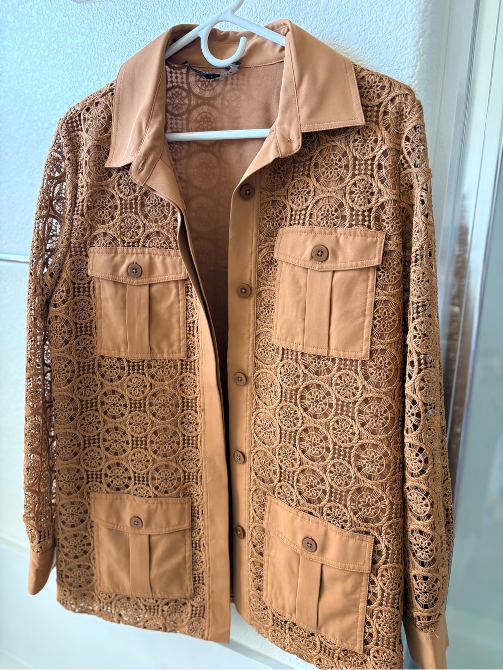 Woven Crochet Pocket Jacket - Tan